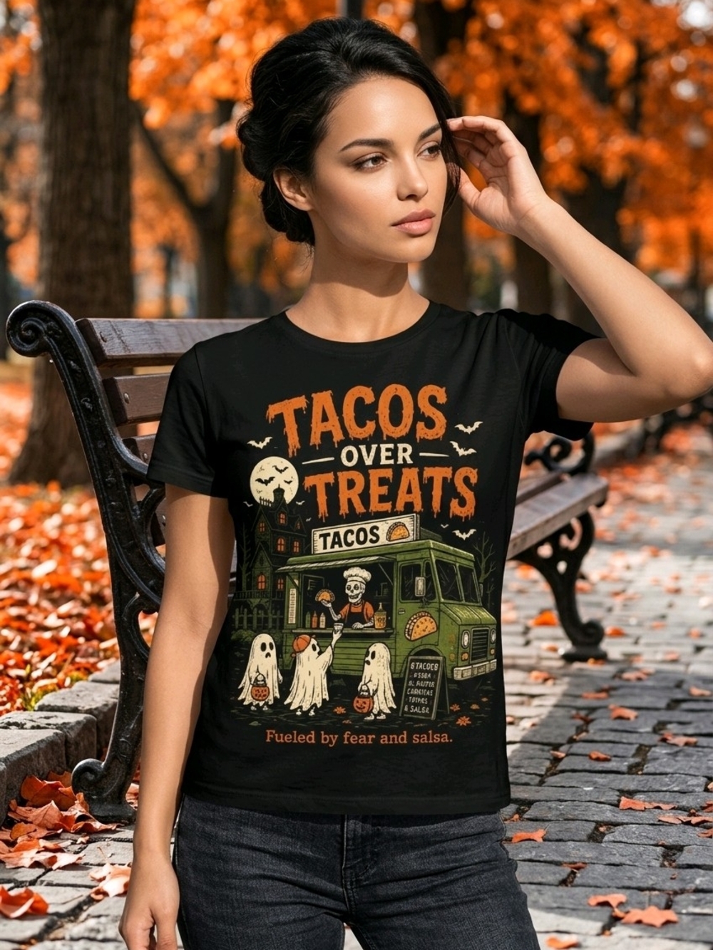 Tacos Over Treats Black Graphic Tee - Fun Taco Truck Design - Picture 1 of 4
